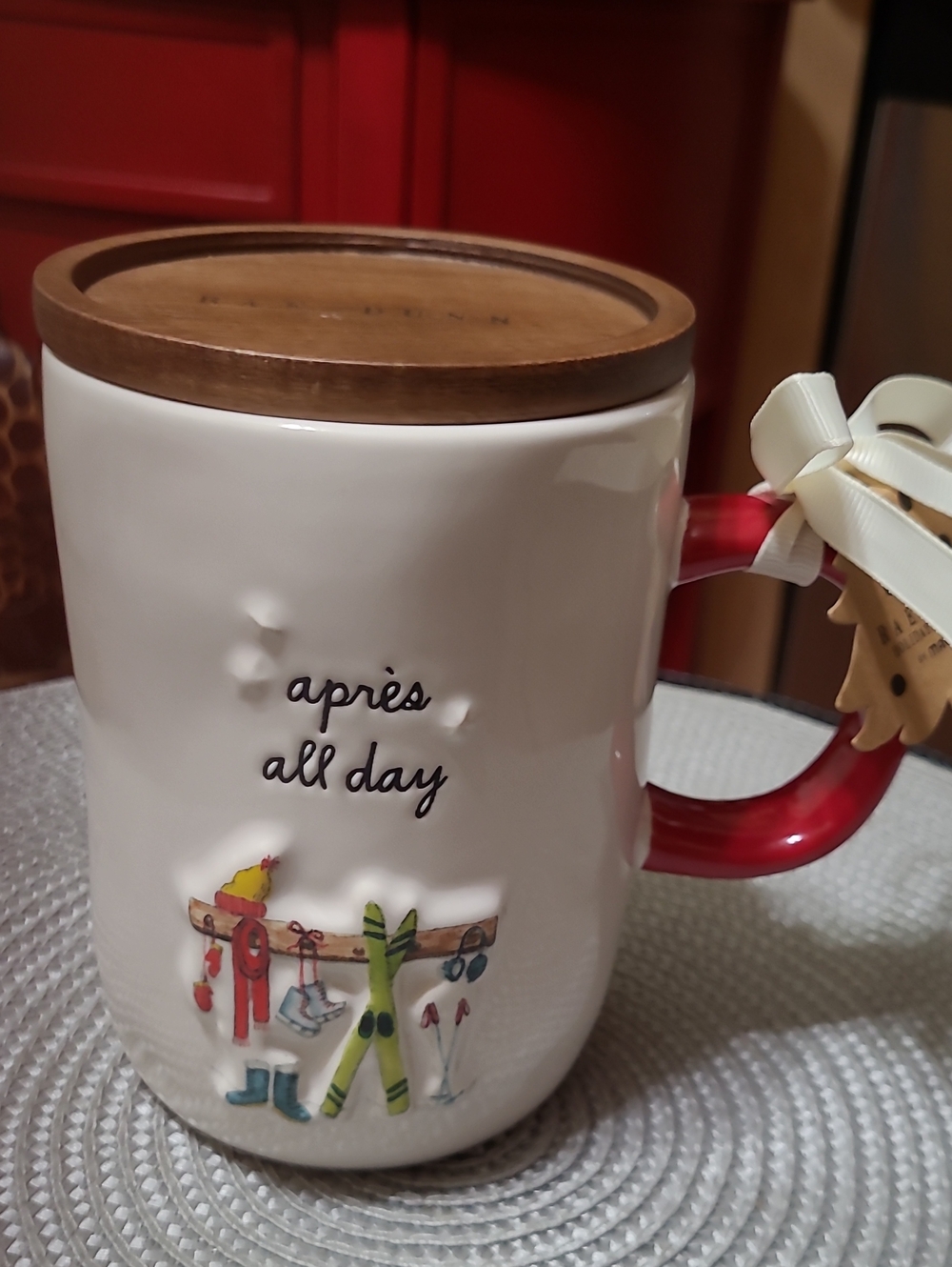 Rae Dunn 'apres all day' Ceramic Mug with Wood Coaster/Lid